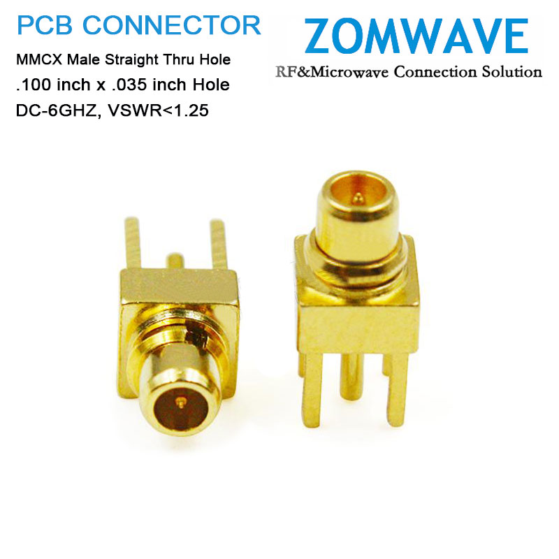 MMCX Male Straight Thru Hole PCB Connector, .100 inch x .035 inch Hole, 6GHz