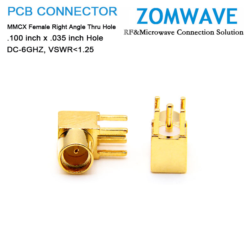 MMCX Female Right Angle Thru Hole PCB Connector, .100 inch x .035 inch Hole, 6GH