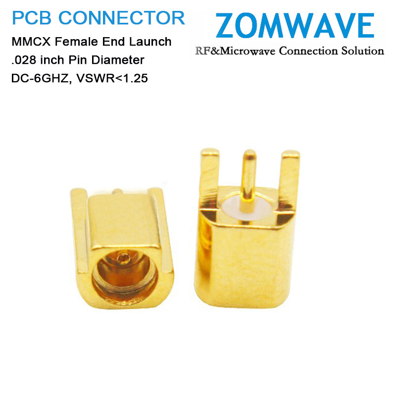 MMCX Female End Launch PCB Connector,  .028 inch Pin Diameter, 6G