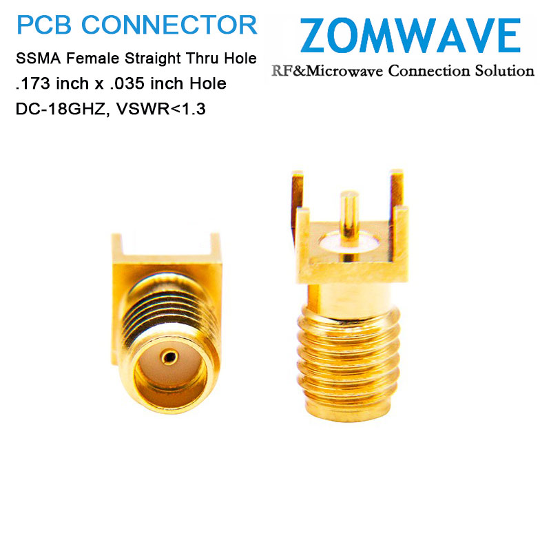 SSMA Female Straight Thru Hole PCB Connector, .173 inch x .035 inch Hole, 18GHz