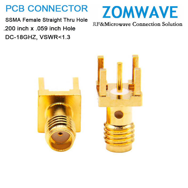 SSMA Female Straight Thru Hole PCB Connector, .200 inch x .059 inch Hole, 18GHz