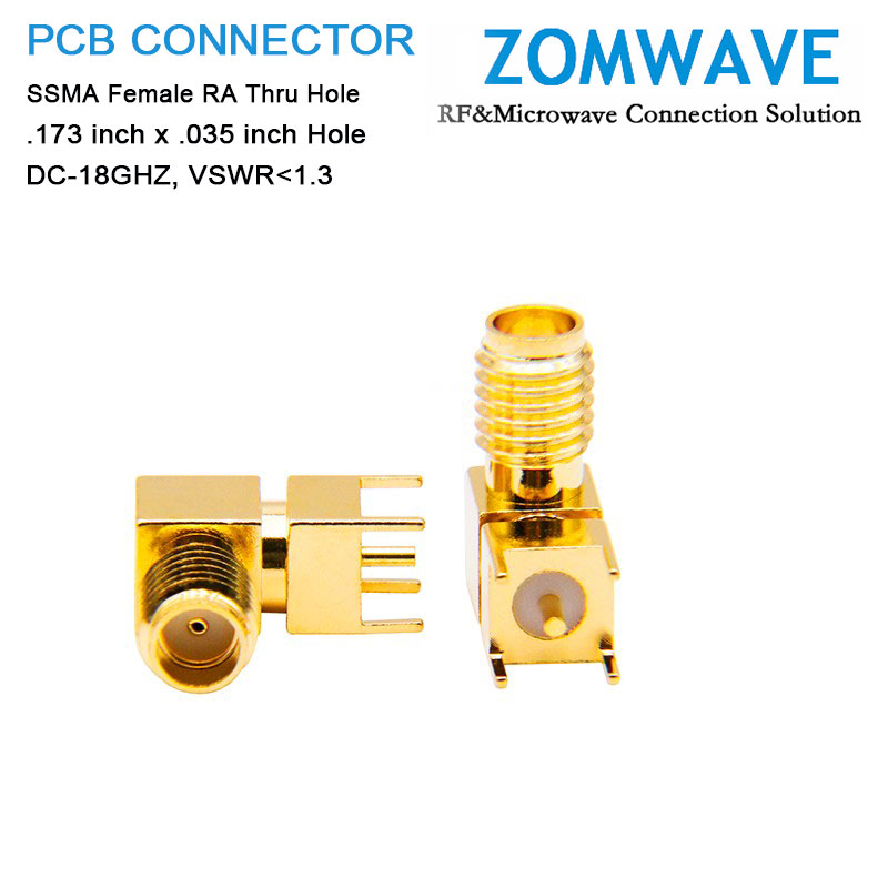 SSMA Female Right Angle Thru Hole PCB Connector, .173 inch x .035 inch Hole, 18G