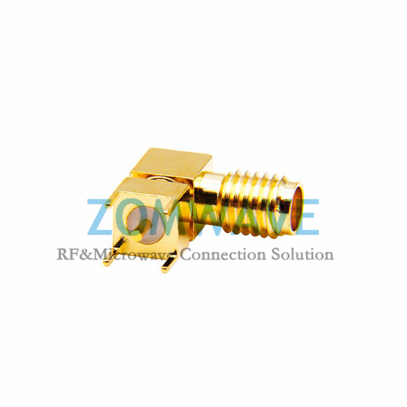 SSMA Female Right Angle Thru Hole PCB Connector, .173 inch x .035 inch Hole, 18G