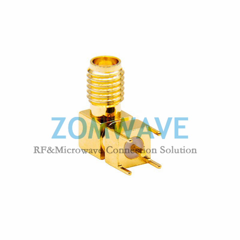 SSMA Female Right Angle Thru Hole PCB Connector, .173 inch x .035 inch Hole, 18G