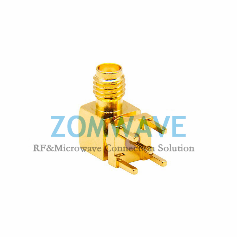 SSMA Female Right Angle Thru Hole PCB Connector, .200 inch x .059 inch Hole, 18G