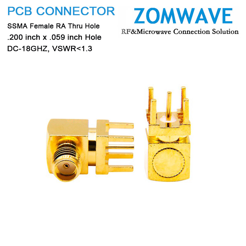 SSMA Female Right Angle Thru Hole PCB Connector, .200 inch x .059 inch Hole, 18G