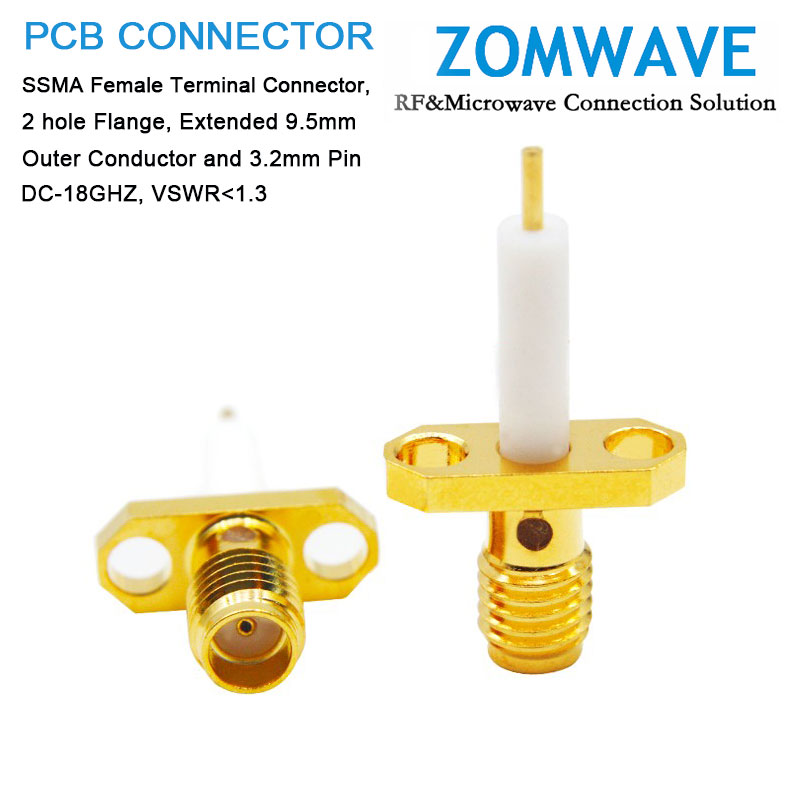 SSMA Female Terminal,2 hole Flange,Extended 9.5mm Insulator and 3.2mm Pin,18G