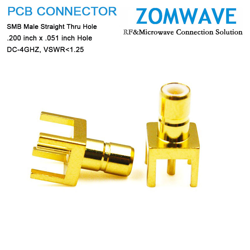 SMB Male Straight Thru Hole PCB Connector, .200 inch x .051 inch Hole, 4GHz