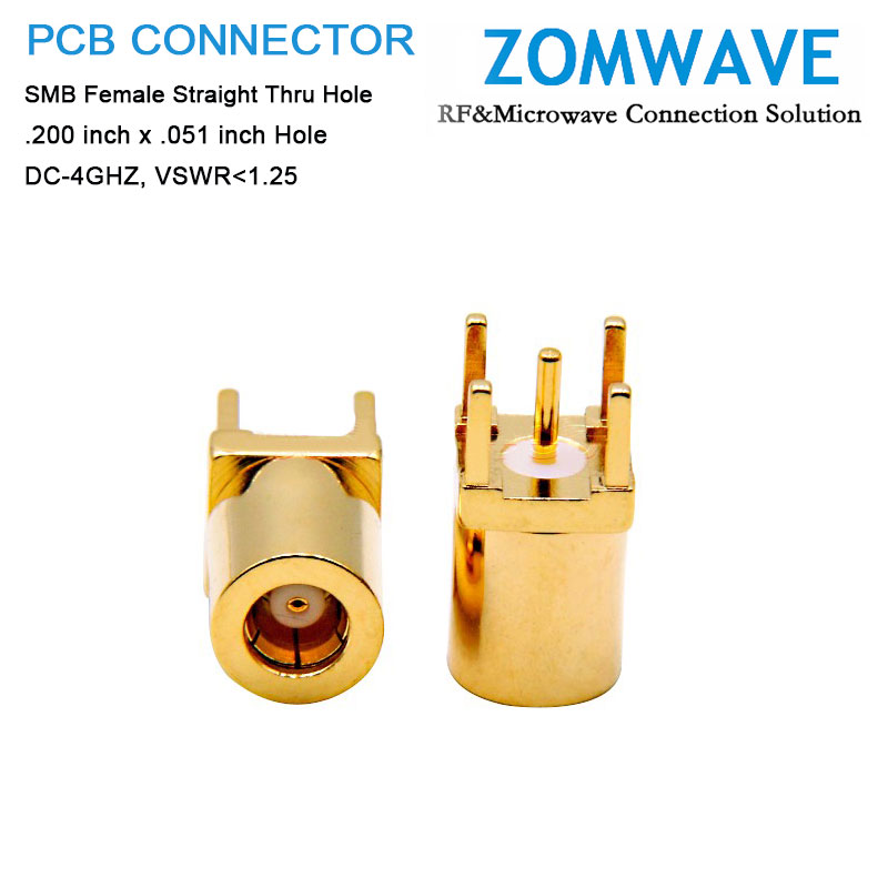 SMB Female Straight Thru Hole PCB Connector, .200 inch x .051 inch Hole, 4GHz