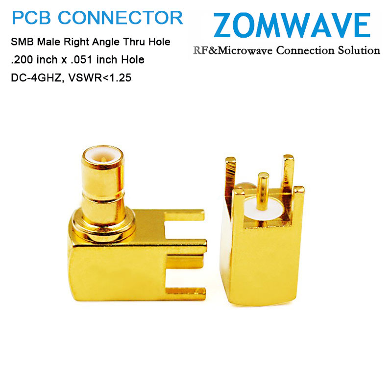 SMB Male Right Angle Thru Hole PCB Connector, .200 inch x .051 inch Hole, 4GHz
