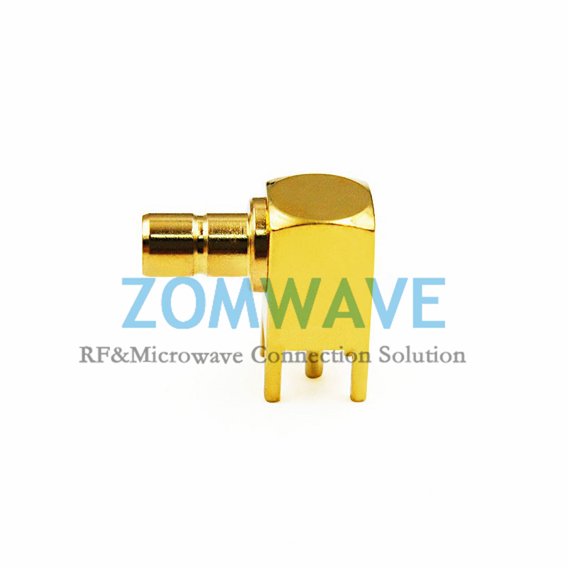 SMB Jack Right Angle Thru Hole PCB Connector, .200 inch x .051 inch Hole, 4GHz