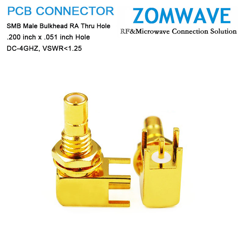 SMB Jack Bulkhead RA Thru Hole PCB Connector, .200 inch x .051 inch Hole,4GHZ