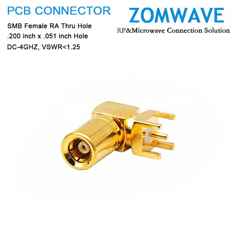 SMB Plug Right Angle Thru Hole PCB Connector, .200 inch x .051 inch Hole, 4GHz