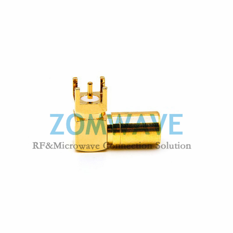 SMB Plug Right Angle Thru Hole PCB Connector, .200 inch x .051 inch Hole, 4GHz