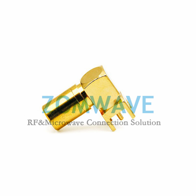 SMB Plug Right Angle Thru Hole PCB Connector, .200 inch x .051 inch Hole, 4GHz