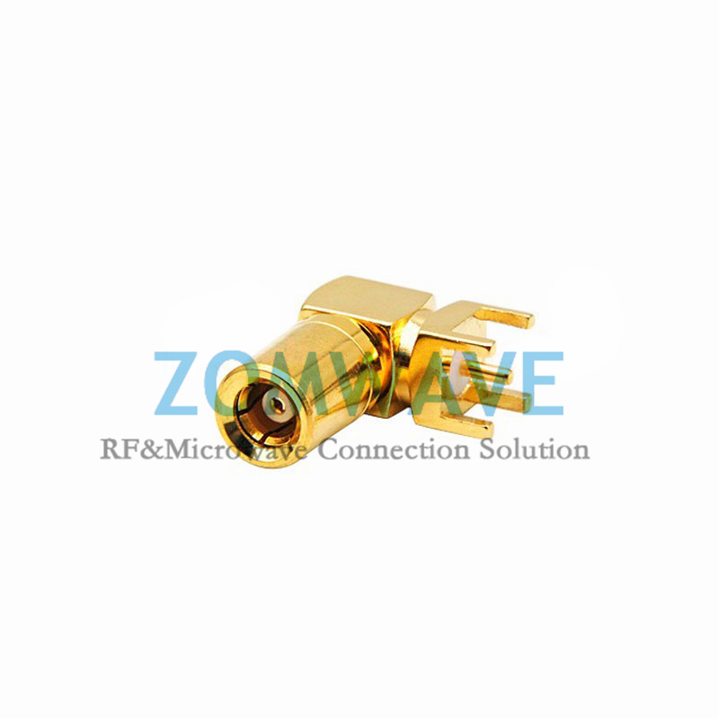 SMB Plug Right Angle Thru Hole PCB Connector, .200 inch x .051 inch Hole, 4GHz