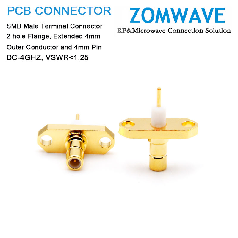 SMB Male Terminal Connector, 2 hole Flange, 4mm Outer Conductor and 4mm Pin, 4G