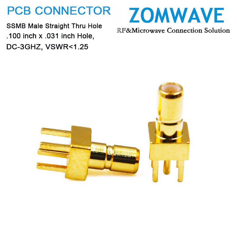 SSMB Male Straight Thru Hole PCB Connector, .100 inch x .031 inch Hole, 3GHz