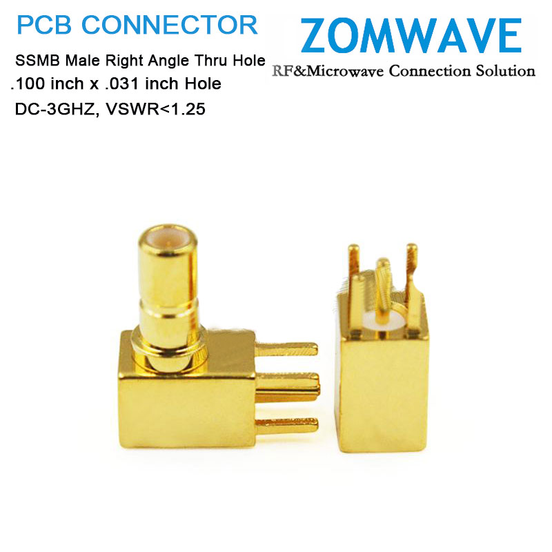 SSMB Jack Right Angle Thru Hole PCB Connector, .100 inch x .031 inch Hole, 3GHz