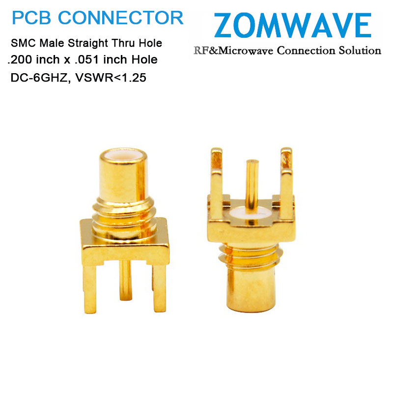 SMC Male Straight Thru Hole PCB Connector, .200 inch x .051 inch Hole, 6GHz