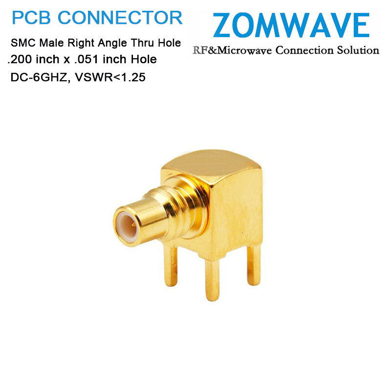 SMC Male Right Angle Thru Hole PCB Connector, .200 inch x .051 inch Hole, 6GHz