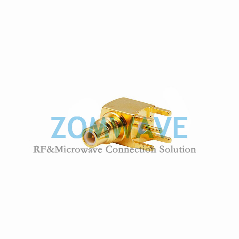 SMC Male Right Angle Thru Hole PCB Connector, .200 inch x .051 inch Hole, 6GHz