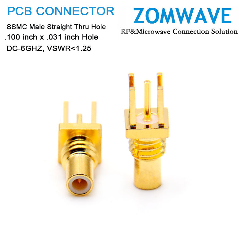 SSMC Male Straight Thru Hole PCB Connector, .100 inch x .031 inch Hole, 6GHz