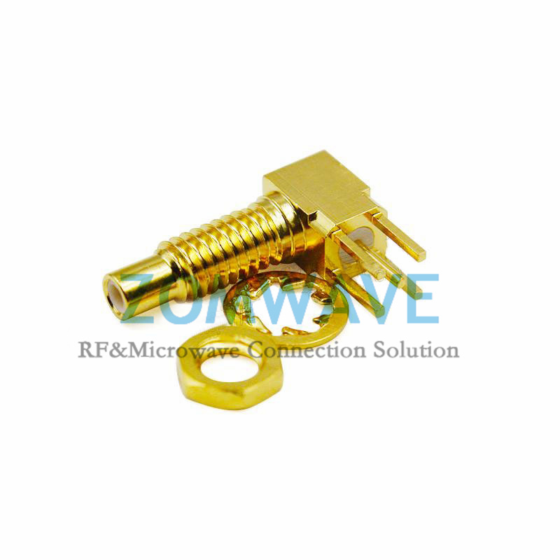 SSMC Male Bulkhead RA Thru Hole PCB Connector, .100 inch x .031 inch Hole,6GHZ