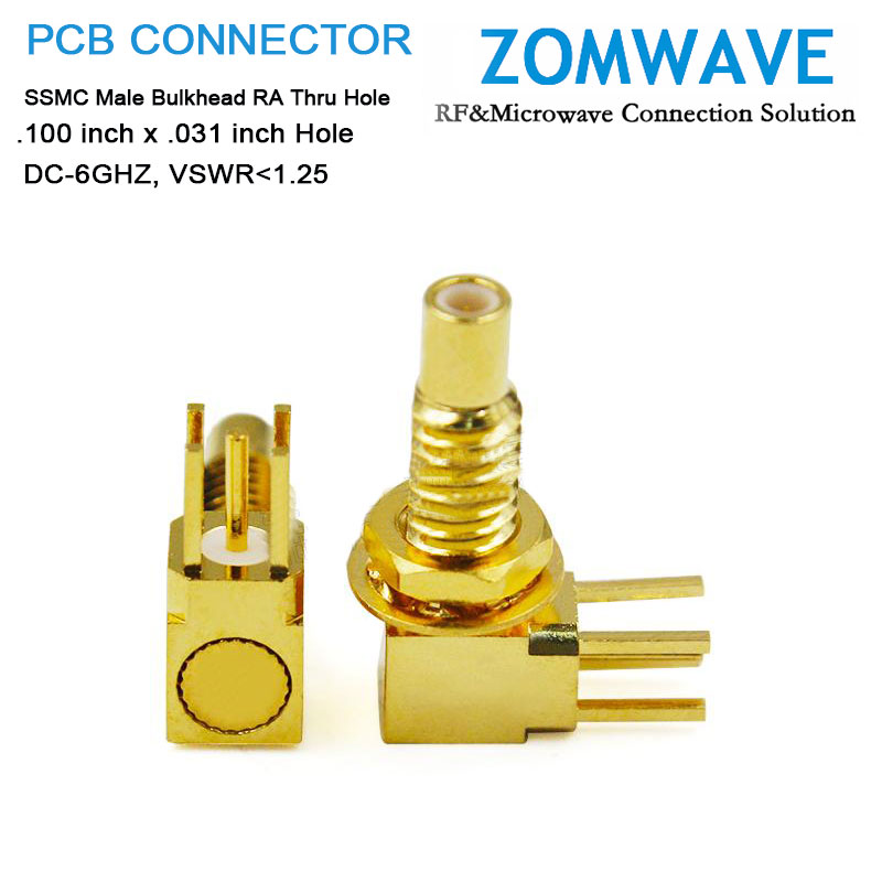 SSMC Male Bulkhead RA Thru Hole PCB Connector, .100 inch x .031 inch Hole,6GHZ