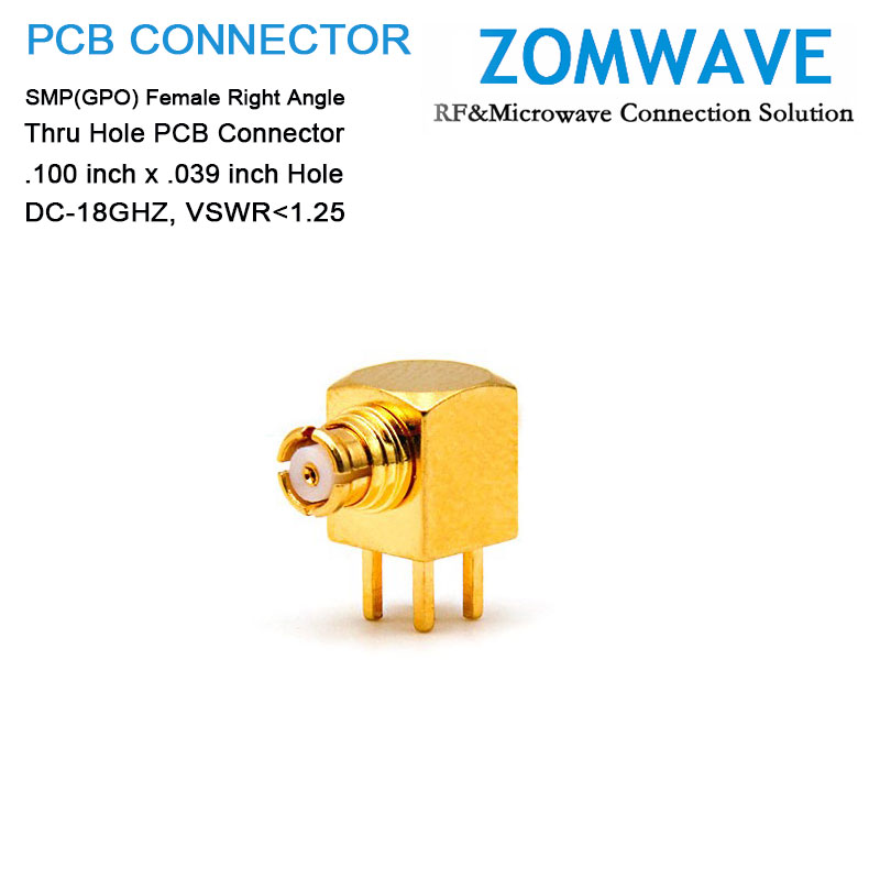 SMP(GPO) Female RA Thru Hole PCB Connector, .100 inch x .039 inch Hole, 18G