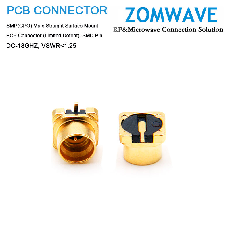 SMP(GPO) Male Surface Mount PCB Connector (Limited Detent), SMD Pin, 18GHz