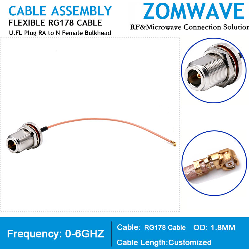 U.FL Plug Right Angle to N Type Female Bulkhead, RG178 Cable, 6GHz