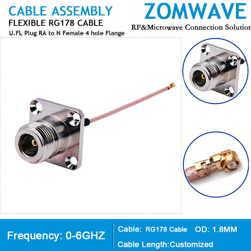 U.FL Plug Right Angle to N Type Female 4 hole Flange, RG178 Cable, 6GHz