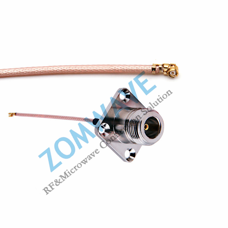 U.FL Plug Right Angle to N Type Female 4 hole Flange, RG178 Cable, 6GHz