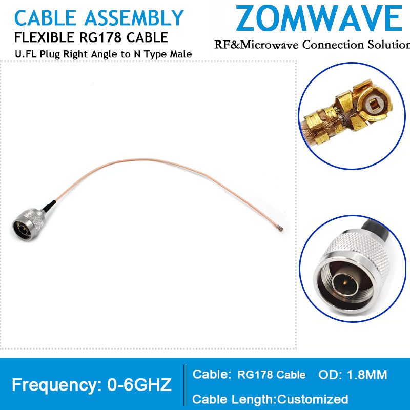 U.FL Plug Right Angle to N Type Male, RG178 Cable, 6GHz