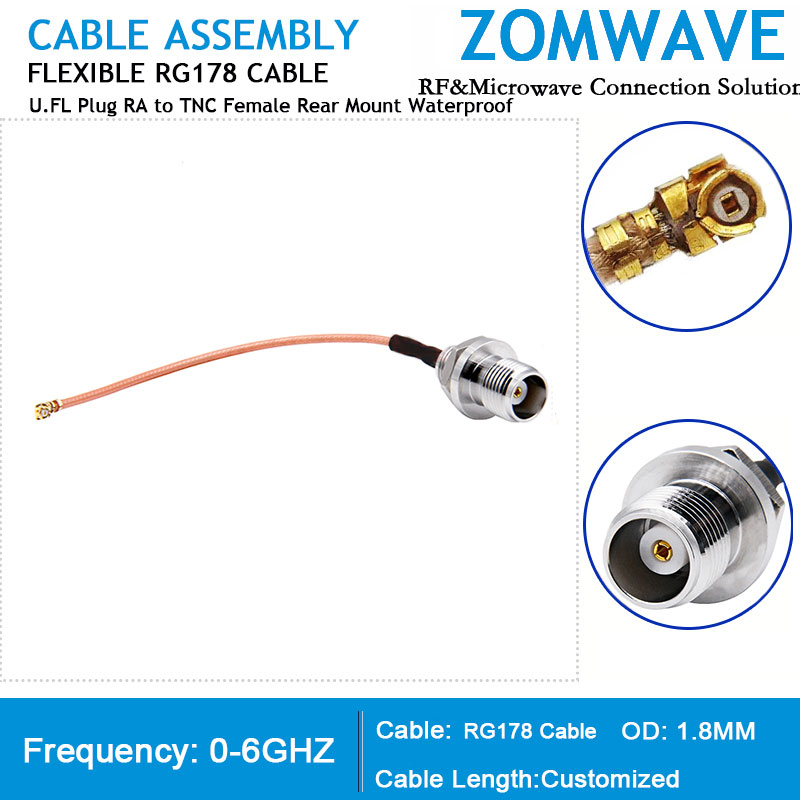 U.FL Plug Right Angle to TNC Female Rear Mount Waterproof, RG178 Cable,6GHZ