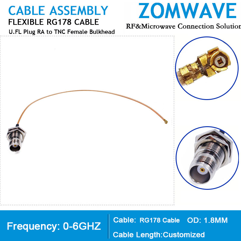 U.FL Plug Right Angle to TNC Female Bulkhead, RG178 Cable, 6GHz