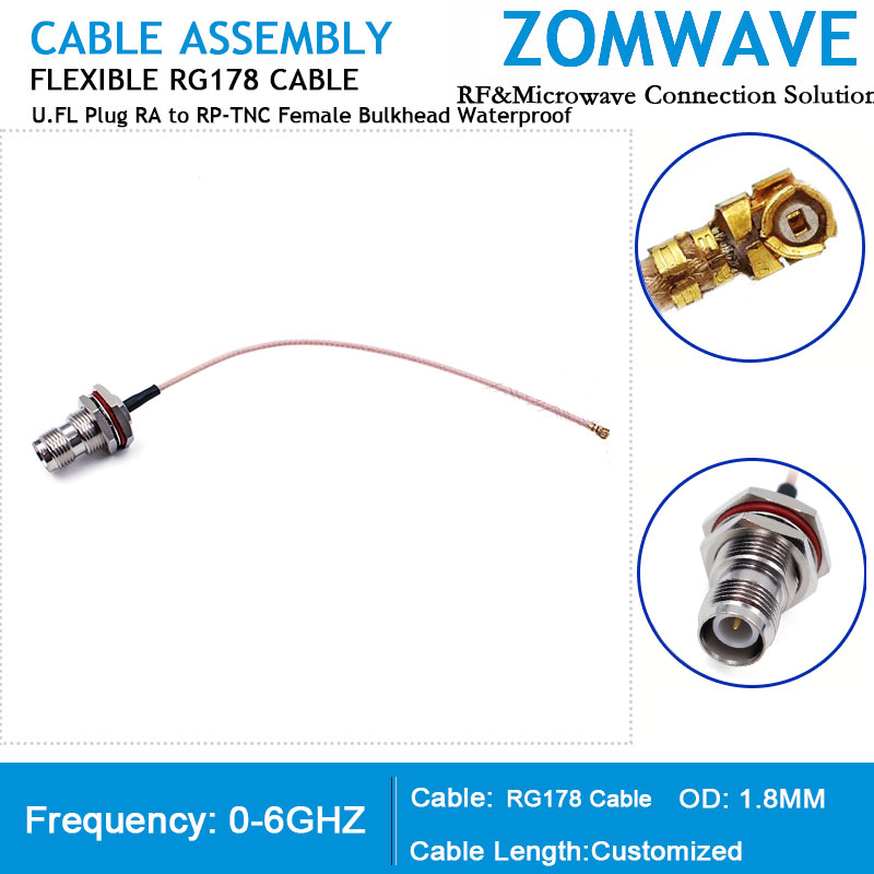 U.FL Plug Right Angle to RP-TNC Female Bulkhead Waterproof, RG178 Cable