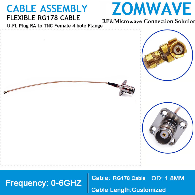 U.FL Plug Right Angle to TNC Female 4 hole Flange, RG178 Cable, 6GHz