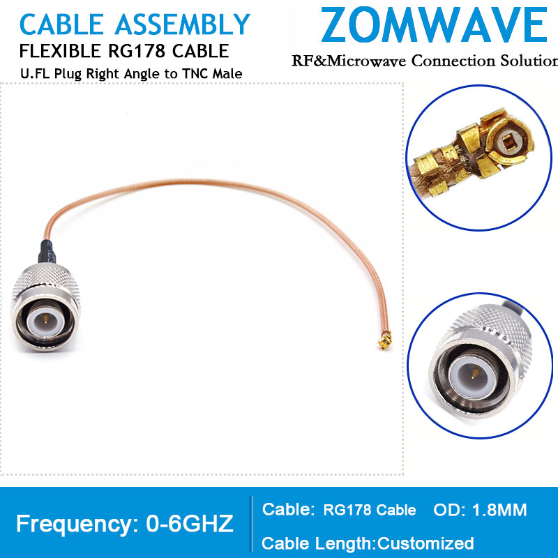 U.FL Plug Right Angle to TNC Male, RG178 Cable, 6GHz