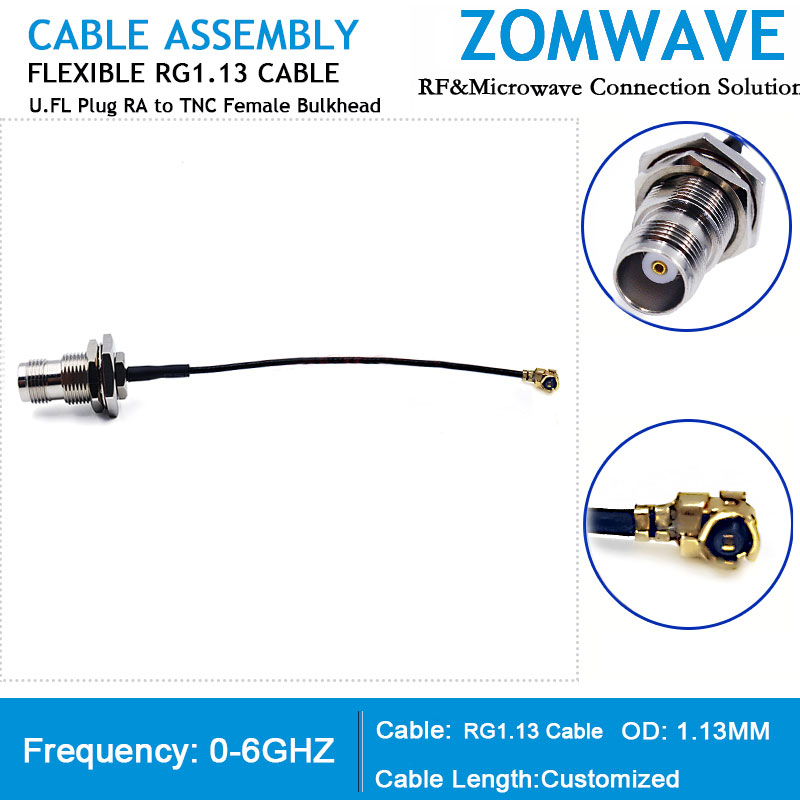 U.FL Plug Right Angle to TNC Female Bulkhead, RG1.13 Cable, 6GHz