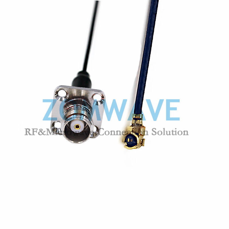 U.FL Plug Right Angle to TNC Female 4 hole Flange, RG1.13 Cable, 6GHz