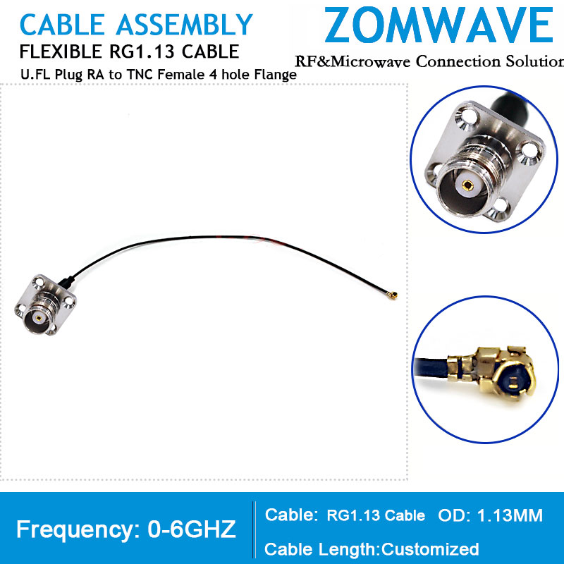 U.FL Plug Right Angle to TNC Female 4 hole Flange, RG1.13 Cable, 6GHz