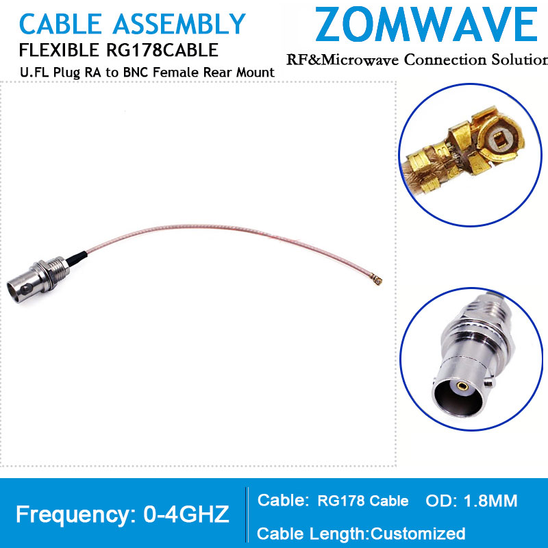 U.FL Plug Right Angle to BNC Female Rear Mount, RG178 Cable, 4GHz