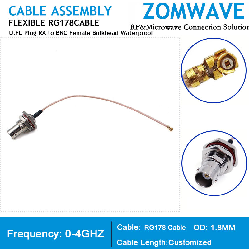 U.FL Plug Right Angle to BNC Female Bulkhead Waterproof, RG178 Cable, 4GHz