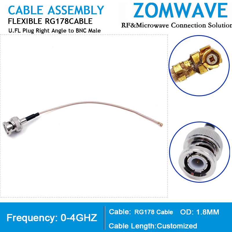 U.FL Plug Right Angle to BNC Male, RG178 Cable, 4GHz