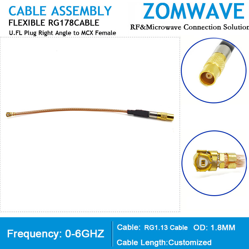 U.FL Plug Right Angle to MCX Female, RG178 Cable, 6GHz