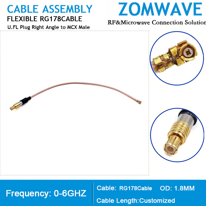 U.FL Plug Right Angle to MCX Male, RG178 Cable, 6GHz