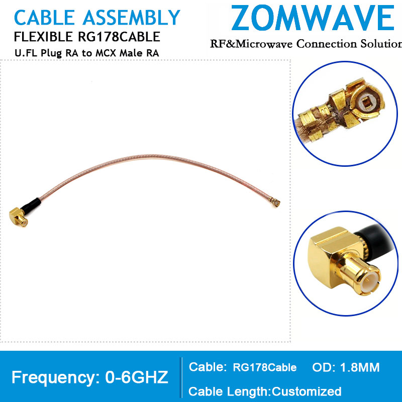 U.FL Plug Right Angle to MCX Male Right Angle, RG178 Cable, 6Ghz