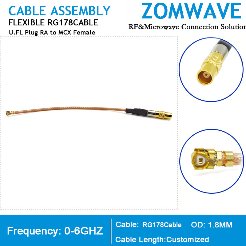 U.FL Plug Right Angle to MCX Female, RG178 Cable, 6GHz